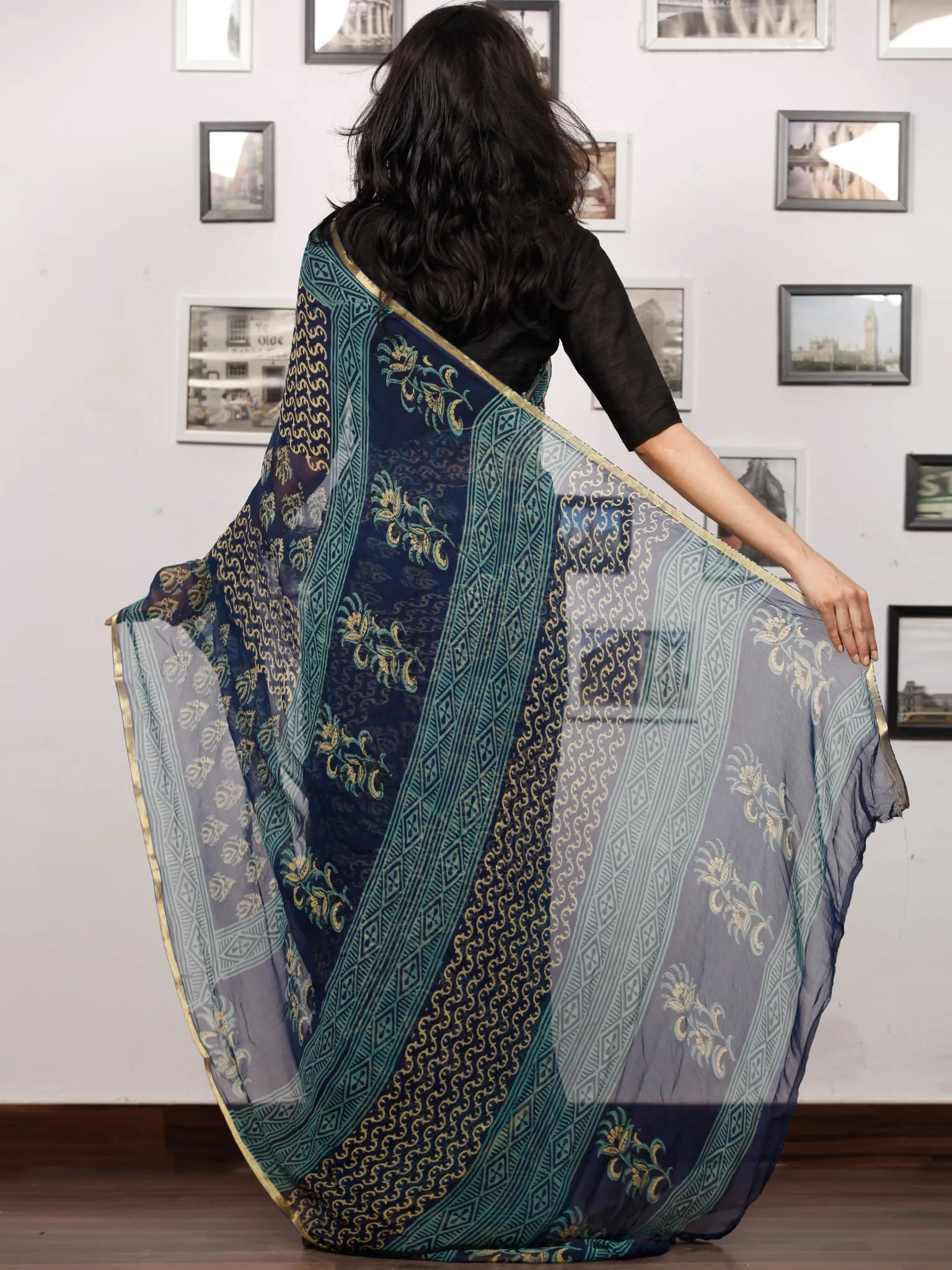 Blue Yellow Green Hand Block Printed Chiffon Saree with Zari Border - S031703507